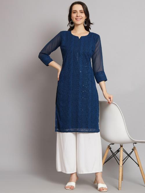Felopie Women's Chikankari Kurti With Sequince Work on Kurti A-line Plus Size Long Kurti