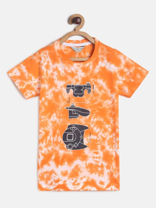 Tales & Stories Boy's Cotton Orange Graphic Print Tie Dye T-shirt