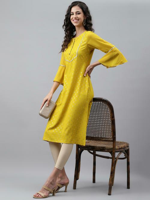 Janasya Women's Yellow Crepe Foil Printed Straight Kurta