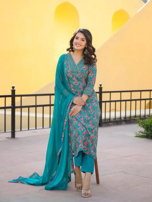 GoSriKi Women's Green Cotton Blend Solid Straight Kurta Trouser & Dupatta