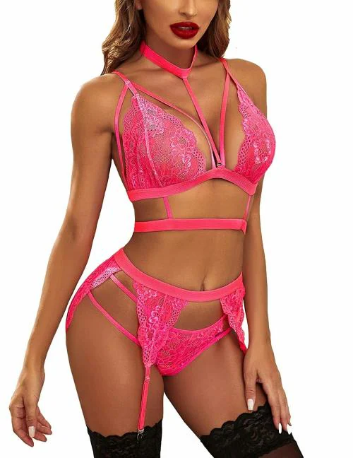 SKMODEL STYLISH Women Hot & Sexy Lingerie Lace Bra Top Mini Sets Nightwear Dress Baby Doll (Pink,M)
