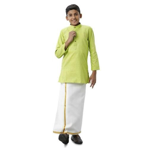 UATHAYAM Light Green Exotic Cotton Full Sleeve Solid Regular Fit Formal Kurta & Dhoti Set For Kids (Pack Of 1)