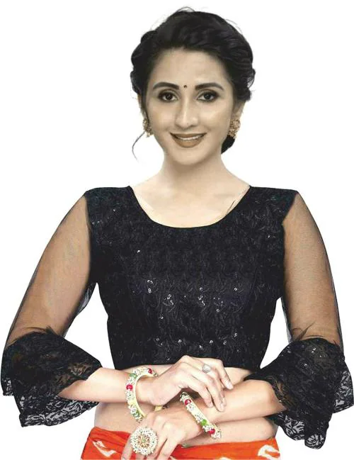 Hitarth Fashion Women's Net with Boat Neck Self Design Black Readymade Blouse (38 Size+ 2 inch Margin)