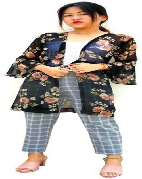 SHIRAKs Women Black Floral Print Georgette Shrug - S