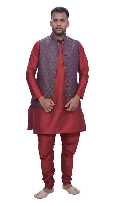 MAG Men's Red Matching Kurta Churidhar with Light Brown Waistcoat