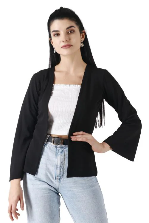 Popwings Front Open Women Black Shrug with Bell Sleeve