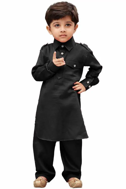 Vastramay Boys' Black Cotton Pathani Kurta Set