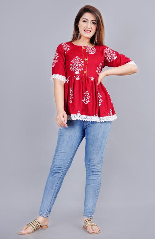 SAMMARSA Rayon Printed Top for Women & Girl's (Red-3XL)