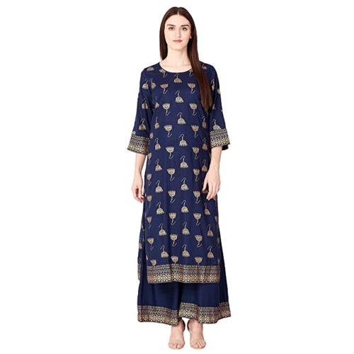 TOP 2 BOTTOM RAYON NAVY BLUE PRINTED KURTA PALAZZO SET FOR WOMEN