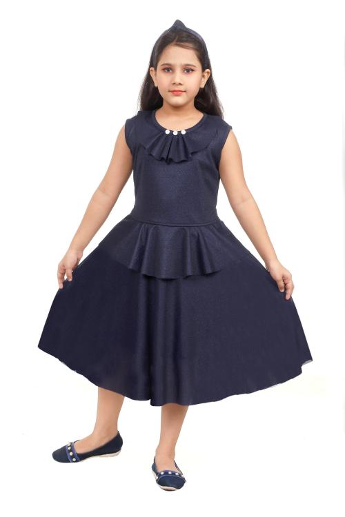 Gudwone Kids Girls Elegant Stylish Navy Blue Shimmer Partywear Frock and Dresses