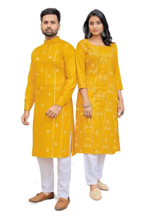 Buy Zarkle Men And Women Yellow Foil Print Pure Cotton Couple Kurta
