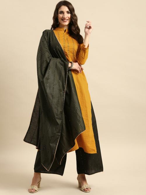 Viva N Diva Women's Mustard Embroidered Silk Blend Single Kurta With Palazzo and Dupatta