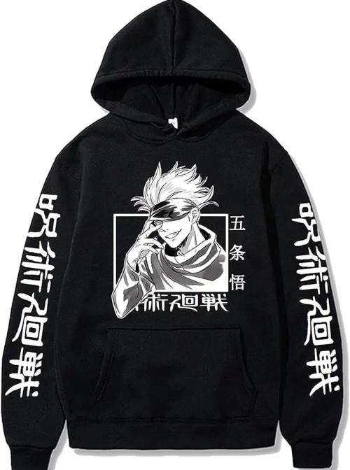 SHREE CHITRANSH CREATIONS Jujutsu Kaizen Anime Hoodie Cotton Hooded Sweatshirt with Fleece for Winter Gojo Printed Hoodies for Womens and Mens (L) Black