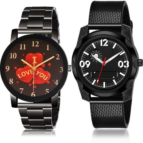 GROOT Contemporary 3D Design I Love You Valentine Chain Black Colour Analog Metal And Plastic Belt 2 Watch Combo For Boys And Men - BCPL22-(20-S-10)