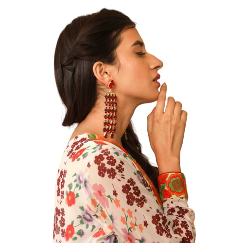 Indian Petals Artificial RhineStone Studded Long Jhalar Style Fashion Dangler Earrings for Girls, RED