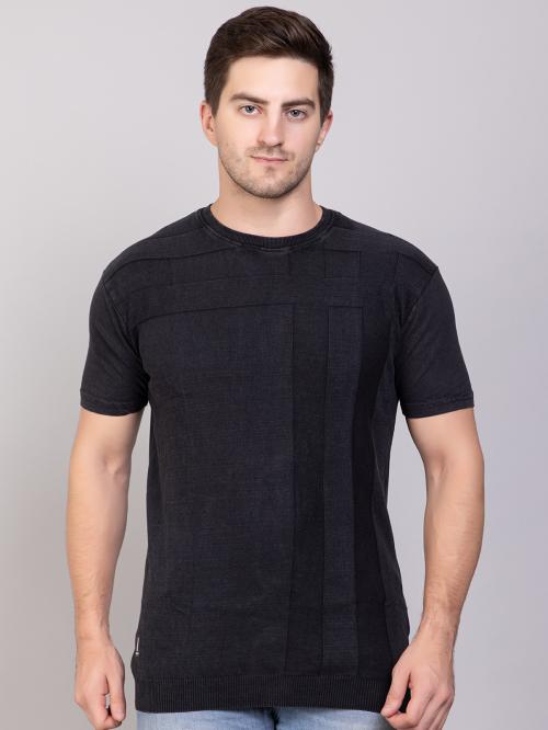 John Brooks Branded Flat Knit Round Neck Denim Tshirts For Men - Black