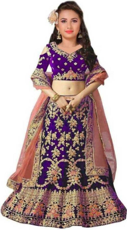 DIZVU Girls Purple Embroidered Satin Ghagra, Choli and Dupatta Set 12 - 13 Y