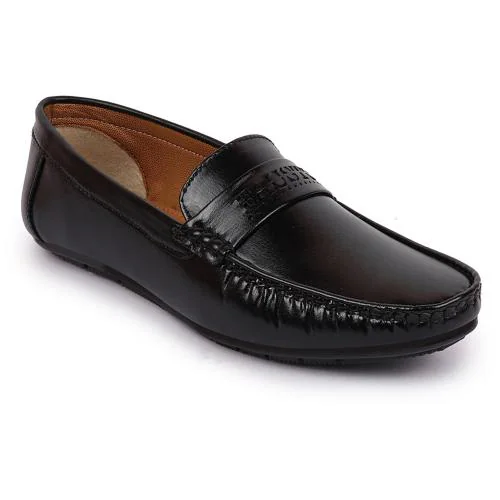 FAUSTO Basics Men Black Laser Cut Logo Design Slip On Loafer Mocassin Shoes