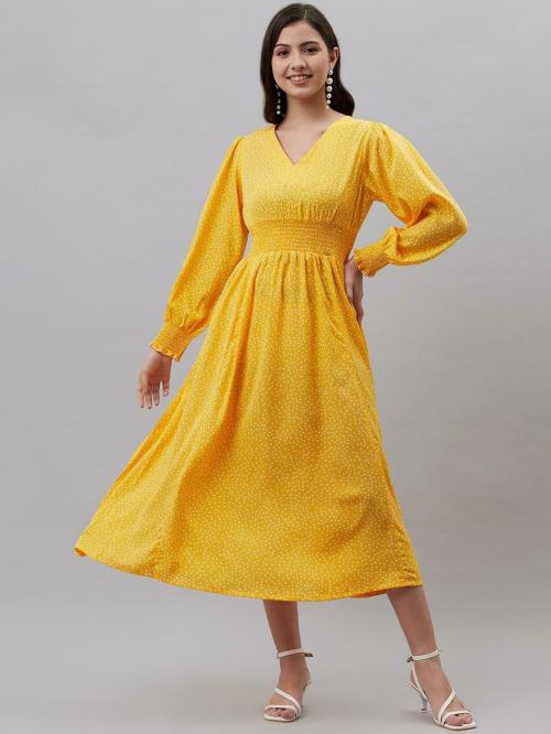Pluss Women Yellow Printed Polyester A-Line Dress
