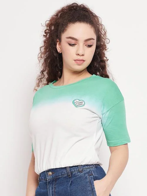 Madame Women Green Color Block Cotton Blend Casual Top