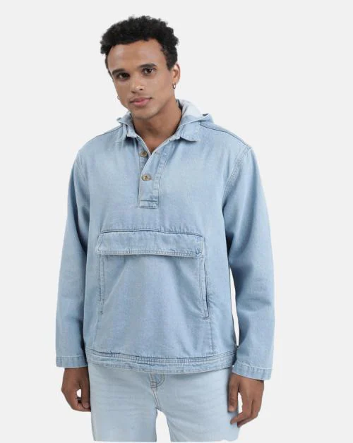 Bene Kleed Men Blue Relaxed Fit Solid Hooded Denim Jacket with Kangaroo Pocket