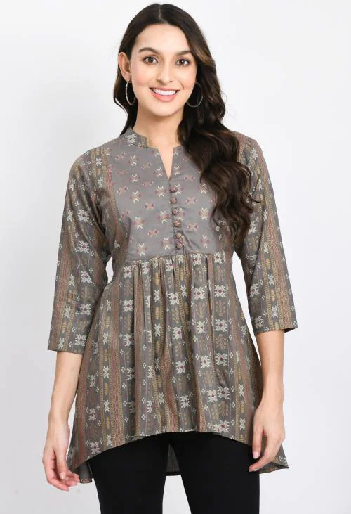 KACCHA TAANKA Women's Casual 3/4 Sleeve Printed Rayon Tunic Tops for Girls for Office Wear