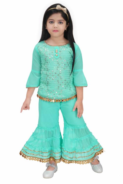KAVSHIL Girls Green Sequence Two Pcs Sarara Set