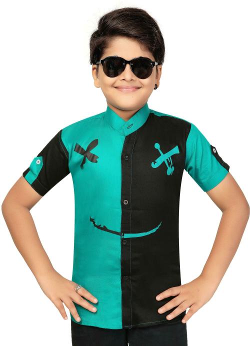 Fashion Grab Boys Green Color Block Cotton Blend Shirt
