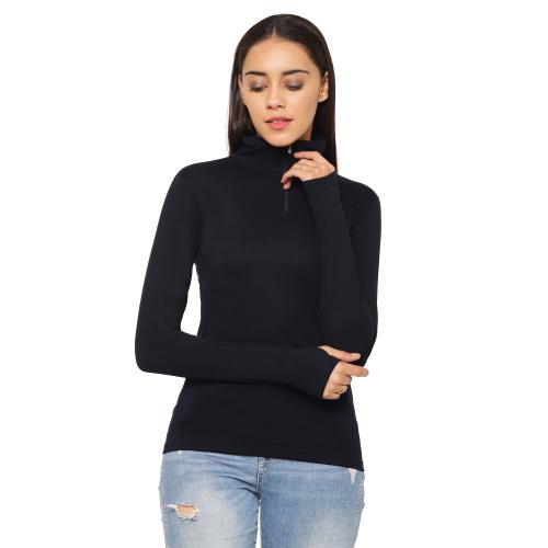 Popster Navy Blue Solid Cotton High Neck Slim Fit Long Sleeve Womens T-shirt l women tshirt l tshirt for women