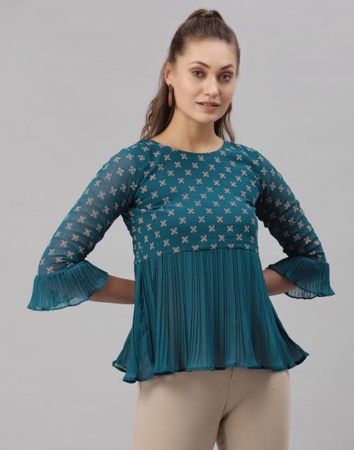 Selvia Women'S Teal Printed Top | tops for women | tops | women tops