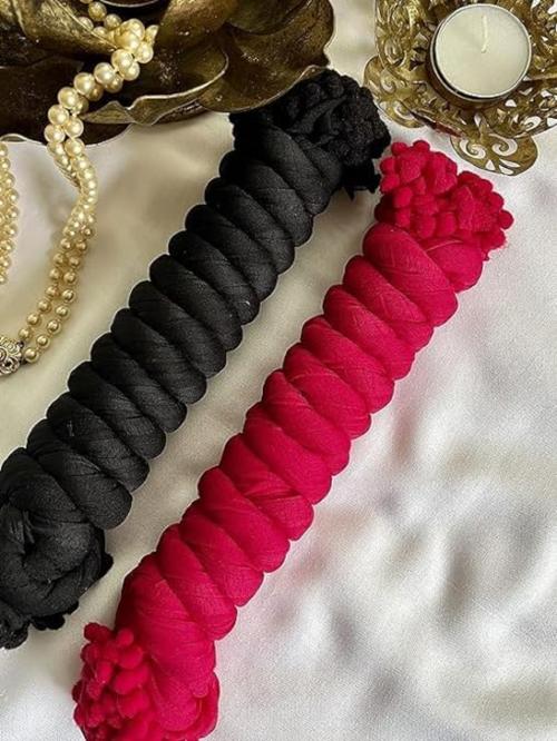 DEEYA M Women's Traditional Solid Casual Dailywear Chiffon Dupatta With Pom Pom Lace Combo 2 (Black,Red)