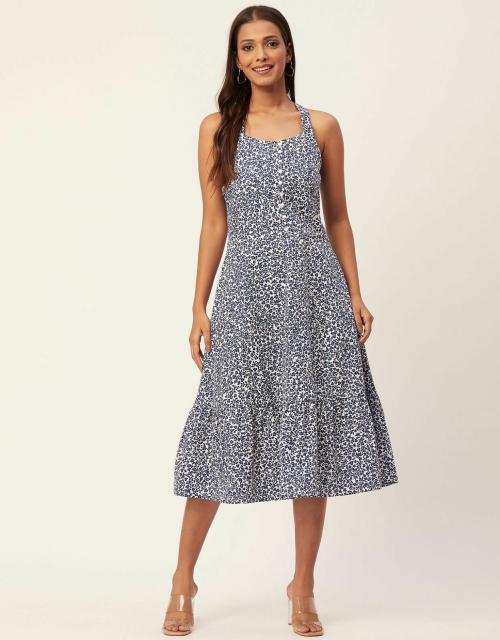 Moomaya Printed Tiered Dress With Criss-Cross Back, Resort Wear Short Dress For Women