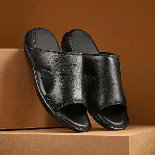 G Walk 100% Genuine Leather Slip on Slippers For Men (Black)