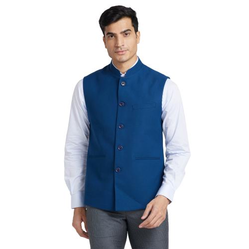 Raymond Contemporary Fit Self Design Blue Waistcoat