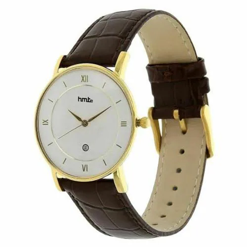 HMTe HM-1992 Golden Dial Brown Strap Date Analog Watch for Men