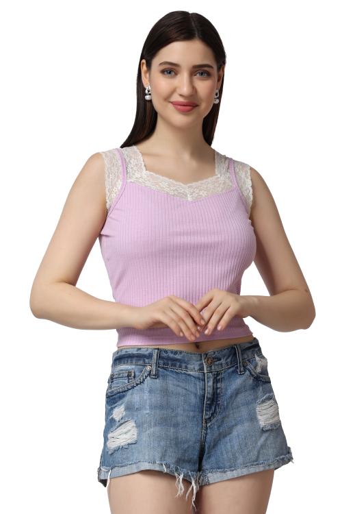 Popwings Women Casual Lavender White Solid Self Design Rib Sleeveless Top