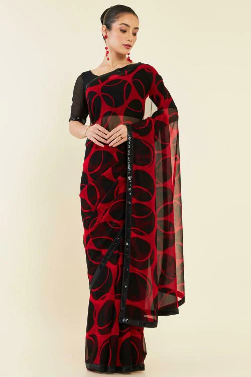 SOCH Women Red Printed Single Saree (Free Size)