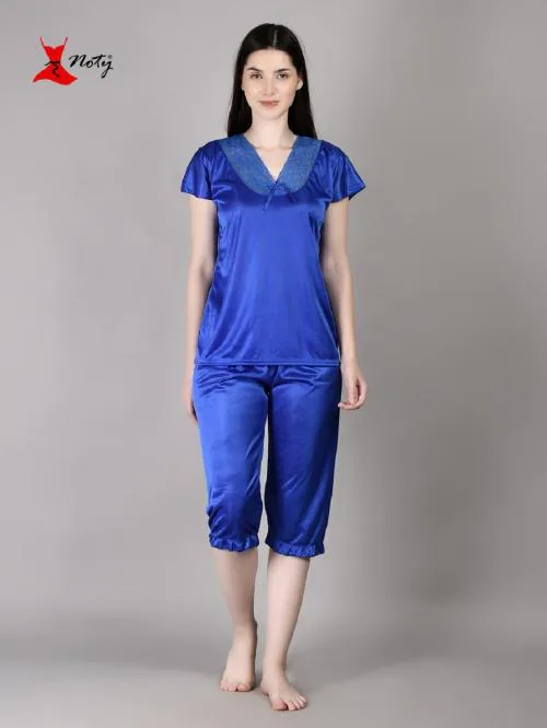 Noty Girl's/Women's-Night Suit/Top & Capri Set/Loungewear - Satin Fabric-with Capri-Light Blue