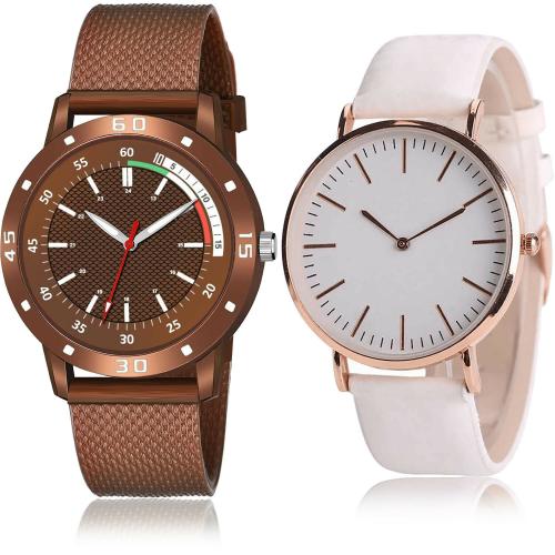 NEUTRON Brand New Rich Sports And Sunlight Color Change Brown And White Colour Analog Plastic And Genuine Leather Belt 2 Watch Combo For Boys And Men - BRM32-B63