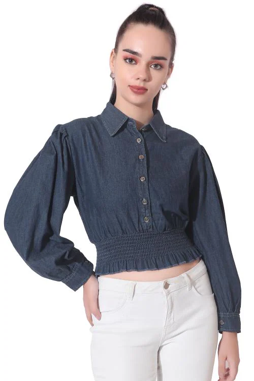 Cefalu Casual Balloon Sleeve Solid Women Blue Top