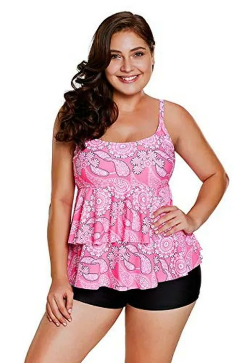 Plus Curvves Plus Size Pink Paisley Print Ruffle Layered Tankini Swimwear - 3XL