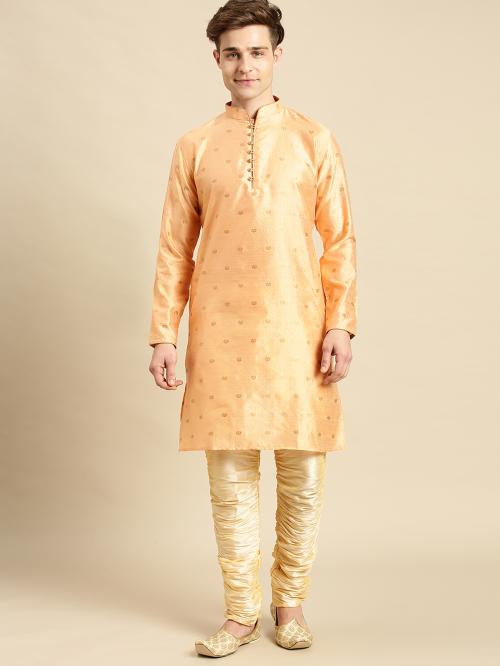 Sanwara Men's Woven Designer Jacquard Peach Color Kurta Set