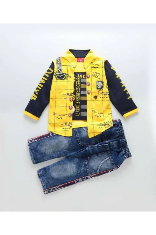 Shirazi Kids Wear Dresses Yellow Printed Hosiery, Denim Casual Shirt Jeans For Boys And Girls (3 To 4 Years)