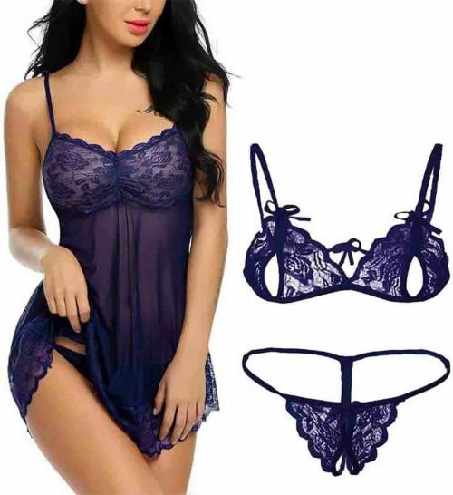 ZXS STYLE Women Net Above Knee Babydoll Nightwear