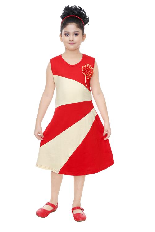 Yashvi Trends 100% Cotton Hosiery Aline Red Frock For Girls Sleevless
