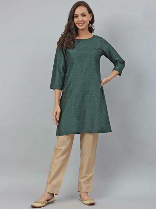Janasya Women's Green Poly Silk Polka Print Kurti with Pant