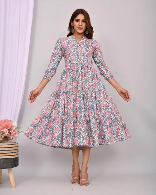 FABRU Women Multicolour Floral On White Printed Cotton Dress|Women Dress|Dresses For Women|Party Dress