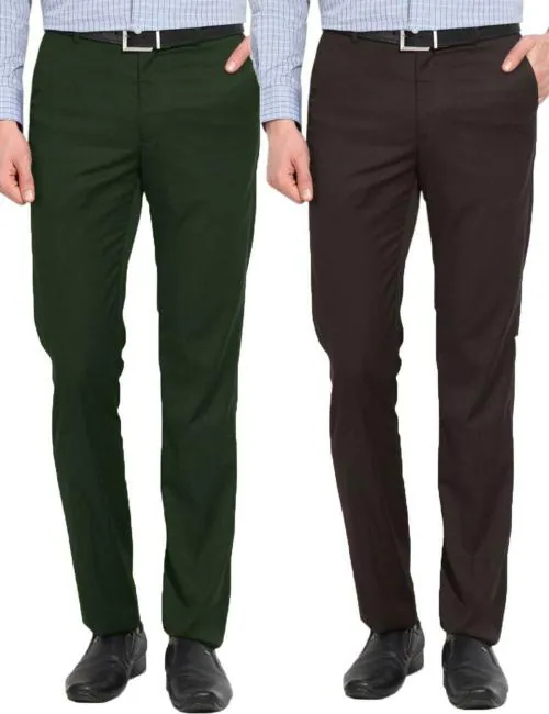 Buy AD & AV Men Green Solid Synthetic Pack Of 2 Formal Trousers Online ...