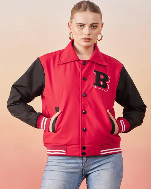 Buynewtrend Red and Black Solid Long Sleeve Buttoned Women Varsity Jacket