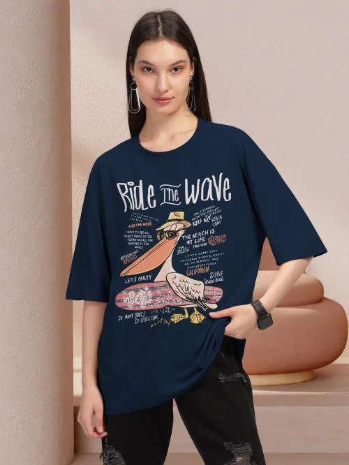 HELLCAT Navy Trendy Printed Oversized T-shirt for Women